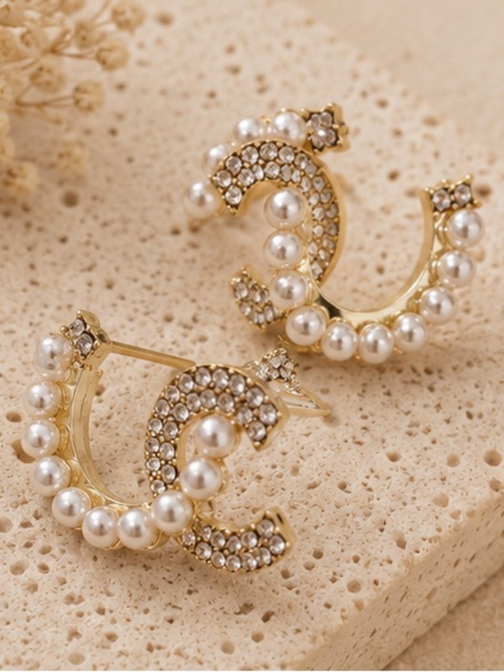 Designer Inspired Gold Pearl & Crystal Interlocking Hoop Earrings